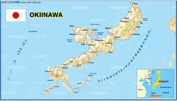 نقشه جزایر اوکیناوا در جنوب ژاپن با موقعیت جزایر اصلی